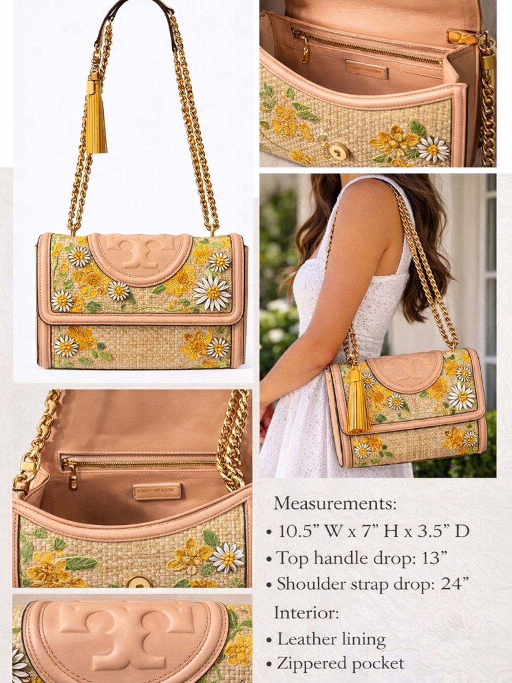 Tory Burch Daisy Embroidered Straw Convertible Shoulder / Crossbody Bag